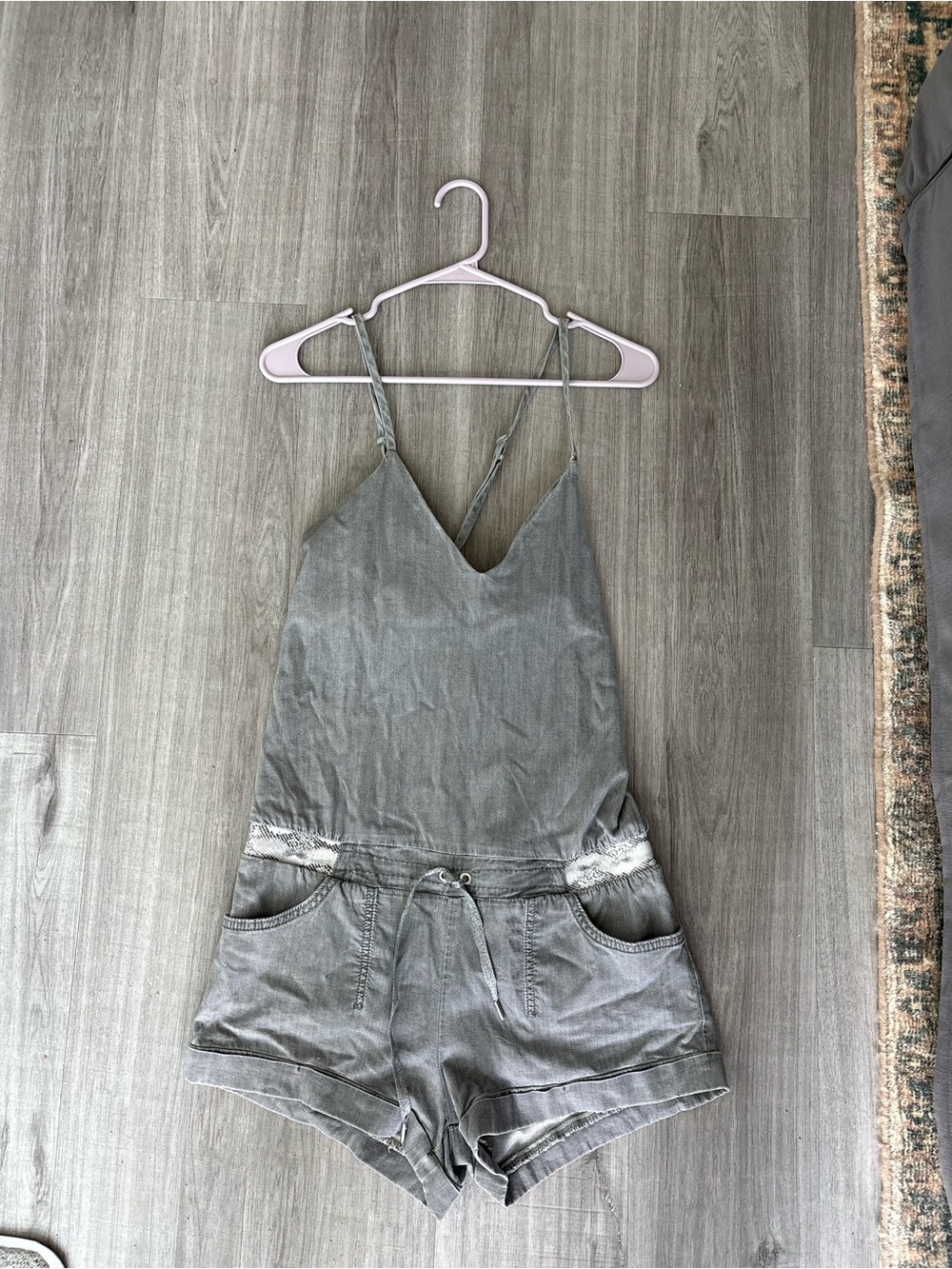 Joe's Jeans Gray Spaghetti-Strap Romper with Lace Trim